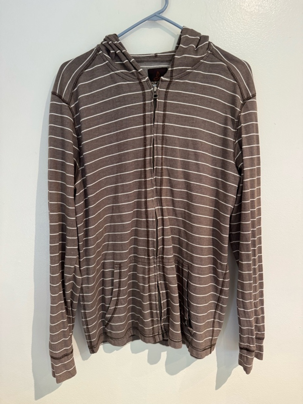 Prana Size Large Men's Brown Striped Zip-Up Hoodie Sweater